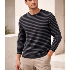 Hannes Roether Striped Sweater Mens M Charcoal Grey Virgin Wool Elbow Patches